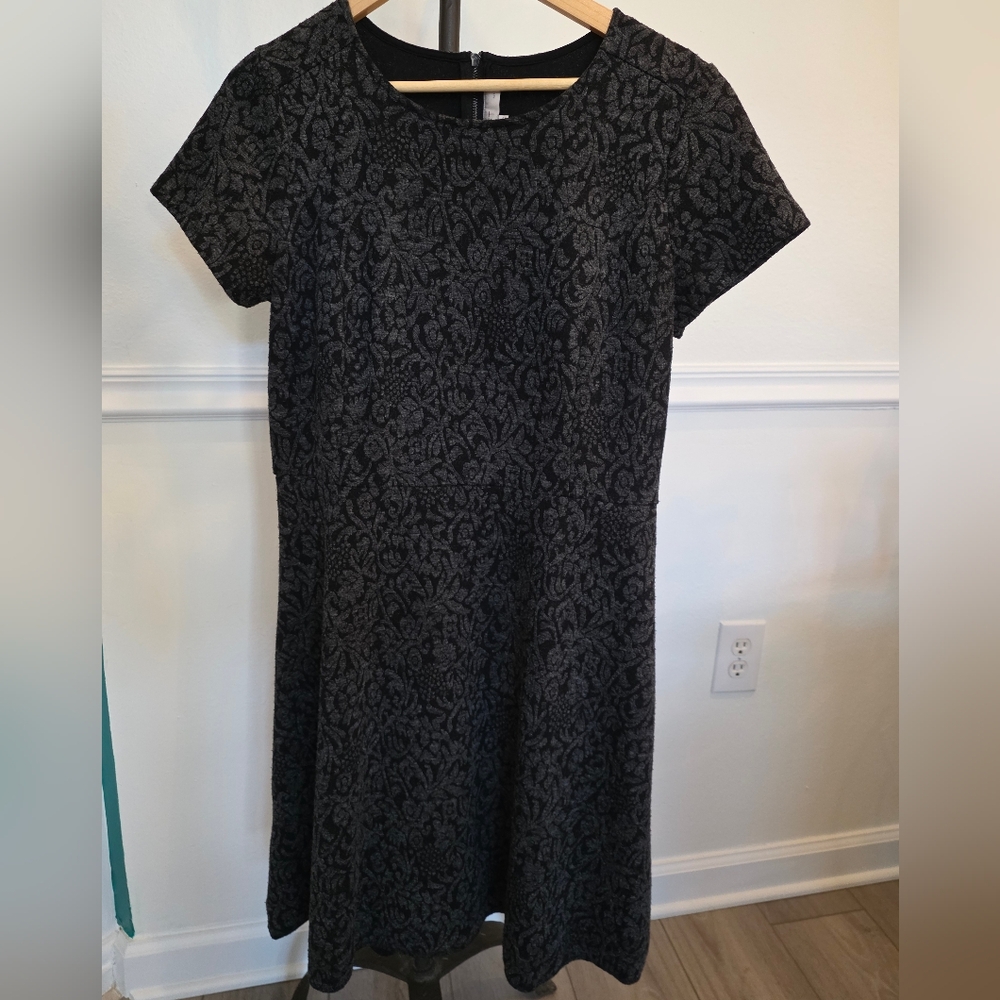 LOFT Dark Academia Black Textured Women's Botanical Short Sleeve Mini Dress